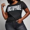 black statement tee with the text "UNSTOPPABLE"